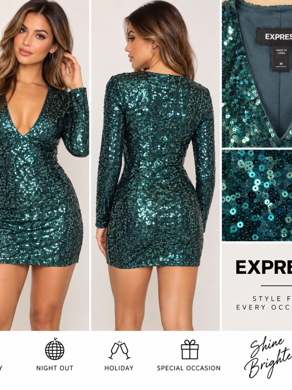 Express Emerald Sequin Long-Sleeve V-Neck Mini Dress